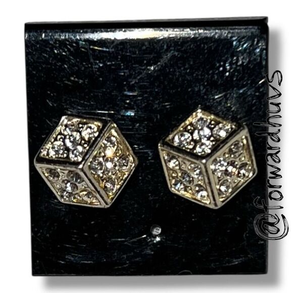 Bundle Sale 3 for $15 | Silver Tone Cube Rhinestone Stud Earrings - Picture 1 of 8